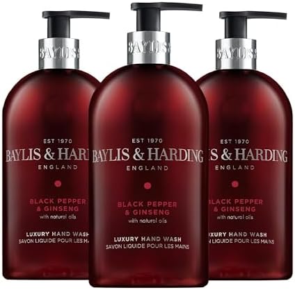 Baylis & Harding Liquid Hand Soap Wash with Dispenser, Black Pepper & Ginseng for Men, 16.9oz/500ml (3-Pack)