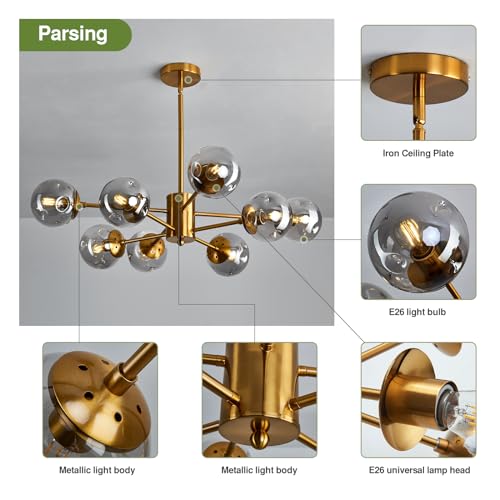 Image of 8 Light Chandelier Mid Century Glass Globe Sputnik Pendant Light Fixture Gold Ceiling Light for Living Room Kitchen Dining Room Bedroom Farmhouse.