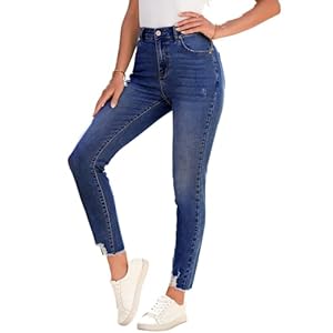 SHEWIN Women’s Ripped Shaping Skinny Jeans Distressed Raw Hem Stretchy Denim Pants
