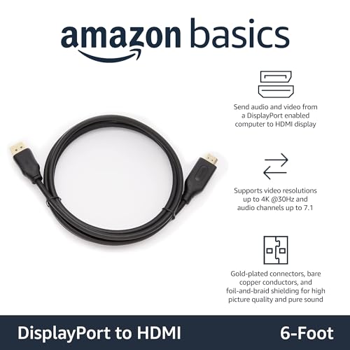 Image of Amazon Basics DisplayPort to HDMI Cable, Uni-Directional, Gold-Plated, Video and Audio, 6 ft, Black, Case of 52