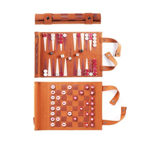 McGregri Travel Backgammon Set with Chess & Checkers, Roll-Up Board Game