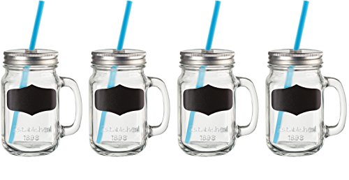 Circleware Yorkshire Mason Jar Drinking Mugs With Glass Handles, Fun Chalkboard, Metal Lids And Hard Plastic Blue Straws, Set Of 4, 17.5 Ounce, 4 Count (Pack Of 1), Clear #TOP1