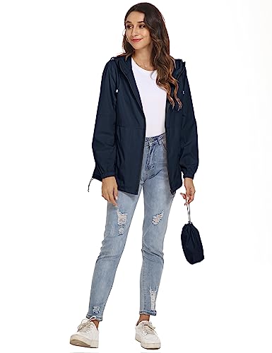 iWoo Dünne Regenjacke Damen Funktionsjacke Wasserdicht Atmungsaktiv Leicht Regenmantel Übergangsjacke für Wandern Reisen Treking, Navy Blau XL