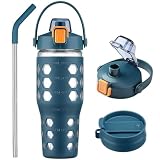 MUKOKO 32 oz Glass Tumbler with Straw,Glass Water Bottles with Time Marker,Iced Coffee Cup with 2 Lids-Handle Spout Lid&Straw Lid,Silicone Sleeve,Leakproof,1 Pack-Blue