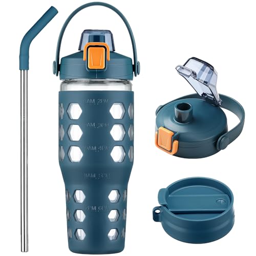 MUKOKO 32 oz Glass Tumbler with Straw,Glass Water Bottles with Time Marker,Iced Coffee Cup with 2 Lids-Handle Spout Lid&Straw Lid,Silicone Sleeve,Leakproof,1 Pack-Blue
