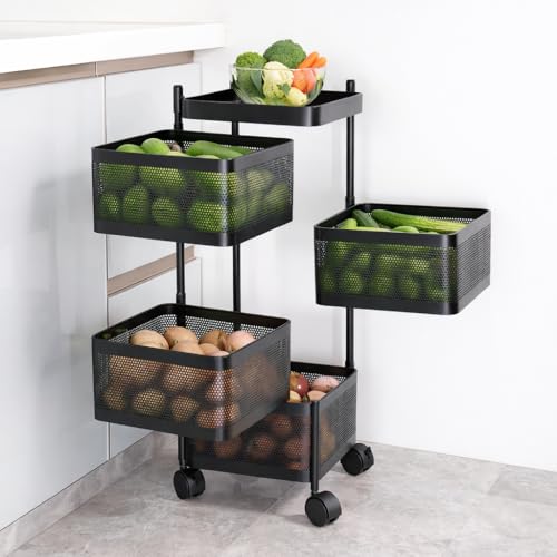 Image of RADIANT 4 Layer Multipurpose Plastic Trolley with Dish Rack for Kitchen Fruit Vegetable Storage Basket Kitchenware Food, Snacks, Toys, Tiered Shelf (Black) (Square Trolley - 4 Layer)