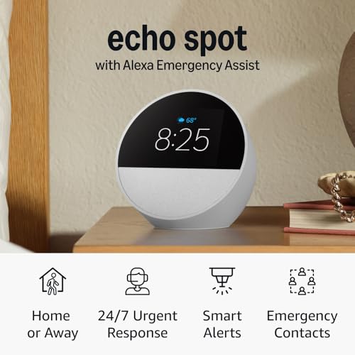 Echo Spot (newest model), Glacier White, bundle with Alexa Emergency Assist (monthly auto-renewal subscription)