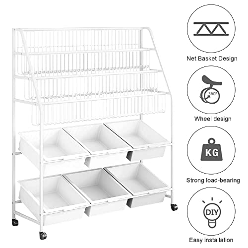 Moamun Kids Bookshelf And Toy Storage Organizer, 3 Tier Bookshelf & 6 Storage Bins On Wheels, 2-In-1 Book Display Shelf And Toy Storage Box (White) #TOP5