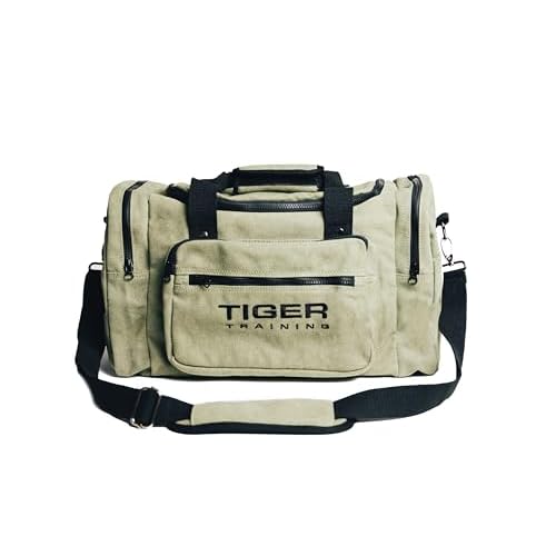 Tiger Training Gym Sport Duffle Bag, 40L, Thick Canvas, Olive Green, Multiple Pockets, YKK Zips, Shoulder Strap