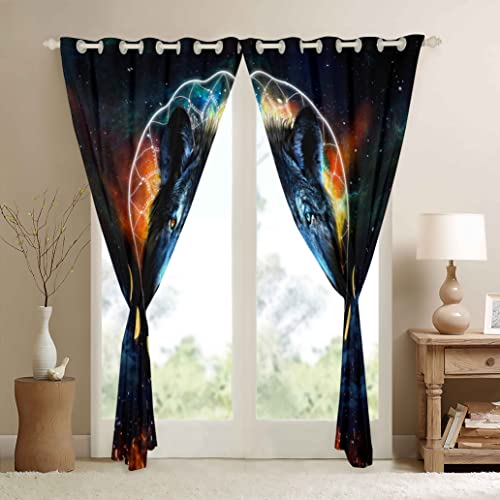 Loussiesd Wolf Curtains for Bedroom Living Room Sun Moon Wolf Room Curtain Galaxy Dreamcatcher Wolf Window Drapes Bohemian Mandala Window Draperies Set of W46*L54 - Image 4