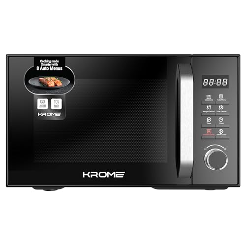 KROME Microwave Oven, 25L Capacity, Digital Control, 900W Output, 5 Power Levels, 95-Minute Timer, 8 Auto Menus, Child Safety Lock, Grey Painted Cavity, Black Color | KR-MW25DM
