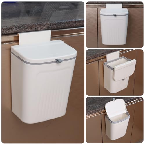 Image of Xyskin 3.2 Gallon /12 L Kitchen Hanging Garbage Can with Lid, Wall Mounted Counter Waste Bin, White