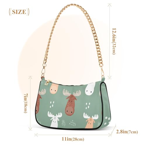 Cute Cartoon Moose Sage Green Print Shoulder Purses for Women Moon Purse Hobo Bags Chain Strap Zipper Cute Purse Bag3