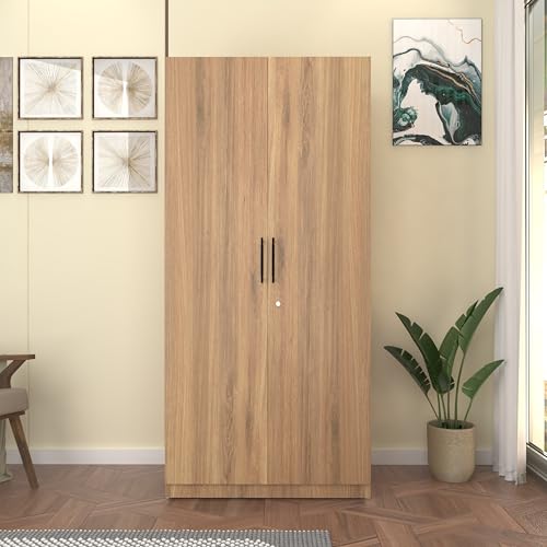 Image of Amoko Wardrobe | Engineered Wood Cupboard | Almirah | 2 Doors, 9 Shelves, Soft-Close Hinges, 1 Drawer 16 inch, 17mm Thick Shelves & Door Panels, 1 Hanging Rod | FREE Installation (Wood Oak Light)