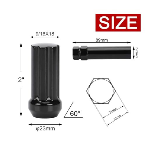 Image of 9 /16-18 Wheel Lug Nuts,32pcs Lug Nut 2 inch Long Spline Drive Cone Seat with 1 Socket Key Compatible with 1994-2011 Dodge Ram 2500 3500 8 Lug Aftermarket Wheels
