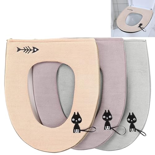 Jicyor 3pcs Tapis De SièGe De Toilettes Chaud Antibactérien Couverture de Siège de Toilette Étanche Universel Housse pour Abattant de WC Lavables avec Passant de Suspension Fermeture Éclair