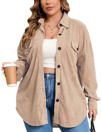 ZOMVA 2025 Women's 1X-5X Plus Size Corduroy Shacket Jacket Oversized Button Down Coats Shirts Winter Fall, Apricot, 3XL