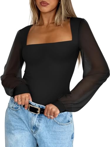 Image of PINKMSTYLE Women's Square Neck Double Lined Mesh Long Sleeve Bodysuits | Sheer Puff Sleeve Body Suit,Slim fit Trendy Going Out Tops,Concert Outfit
