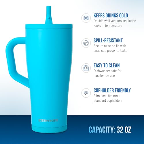 Image of Ice Shaker 32 oz Tumbler with Handle and Straw | 32oz Caribbean Blue | Cold for 30+ Hours | 2-in-1 Tumbler Shaker Bottle | Odor-Free 32 ounce Bottle for Water, Protein Shakes, Smoothies, Cocktails