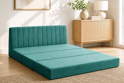 Image of 3-Seater Foldable Floor Sofa Bed with, Modern Velvet Fabric Folding Couch for Living Room, Guest Room & Small Spaces-Green