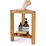 TeakAura Teak Corner Shower Stool 15in, Wood Shower Bench Seat with Storage Shelf, Waterproof Shower Foot Stool for Shaving Legs, Ideal for Inside Shower or Bathroom
