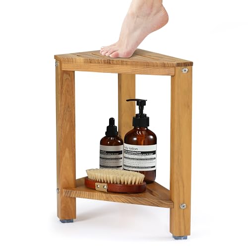 TeakAura Teak Corner Shower Stool 15in, Wood Shower Bench Seat with Storage Shelf, Waterproof Shower Foot Stool for Shaving Legs, Ideal for Inside Shower or Bathroom