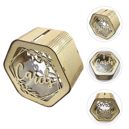 Caja hexagonal con diseño hueco delicado de madera dorada para tarjetas 8