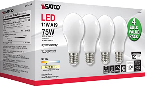 Image of Satco S12439, A19 LED Light Bulbs, 75W Replacement, 3000K, 4-Pack, LED Lamp | Dimmable, 320 beam spread, E26 medium base, 15,000-hour life, Warm white illumination