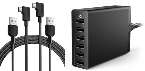 Anker Cable [2 Pack 6ft], Right Angle USB A to USB C Braided Cable & Anker Charger, 60W 6 Port Charging Station