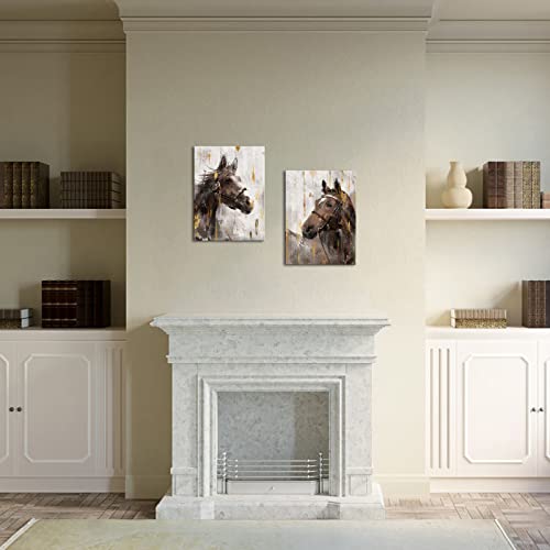 Simiwow Horse Picture Wall Decor - Rustic Horses Portrait Paintings Canvas Prints For Home Living Room Bedroom Wall Decor 12 X 16 Inch X 2 Panels #TOP1