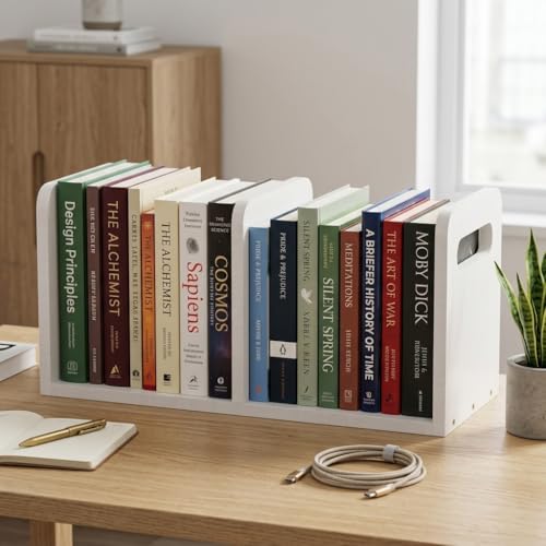 Image of 100% Solid Wood Adjustable Desktop Bookshelf With Movable Divider, Retro Tabletop Bookshelf With Convenient Handle Design for Living Room, Home, Office, Perfect for Magazines, Books, Files (White)