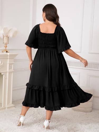 Image of SCOMCHIC Women's Plus Size Maxi Dresses Summer Short Sleeve Square Neck Smocked Wedding Guest Cocktail Boho Long Dress