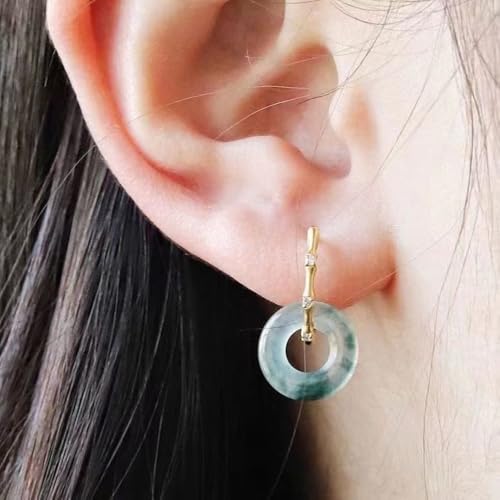 Pendientes de botón de jade verde y plata S925 con hebilla bambú 2