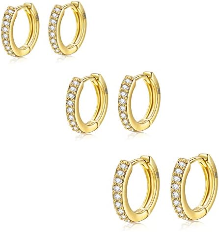 3 Pairs Sterling Silver Hoop Earrings for Women S925 Huggie Hoop Earrings With Cubic Zirconia Small Cartilage Sleepers Huggie Hinged Earrings Set for Girls Men