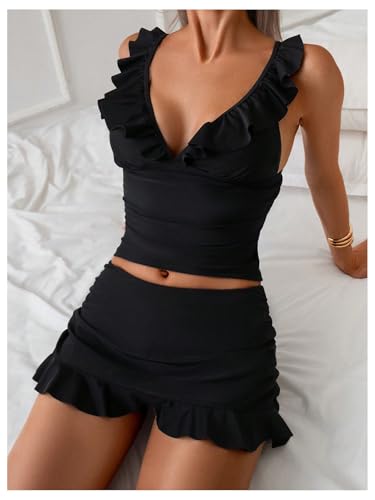WDIRARA Women's Ruffle V Neck Tankini Swimsuit Ruched Two Piece Bathing Suit3