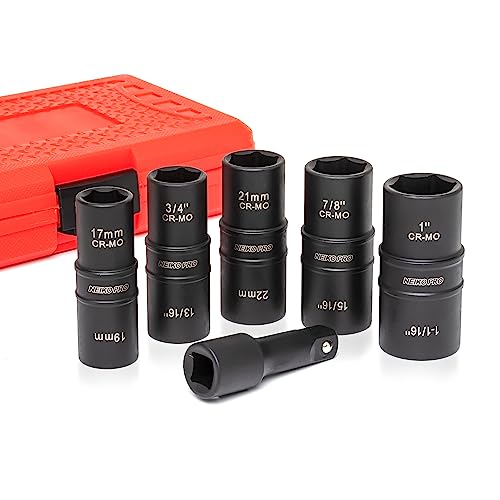 Image of NEIKO 02287B 6-Pc 1 /2-Inch-Drive Impact Socket Set, 10 SAE & Metric Sizes, Thin Wall Wheel Lug Nut Socket Set, Cr-Mo, 3-Inch Extension Bar, 6-Point, 19 & 21mm Sockets