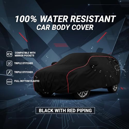 Image of Sulfar 100% Water Resistant Car Body Cover Compatible with Mirror for MG Windsor EV (Triple Stitched, Full Bottom Elastic, Black with Red Piping)