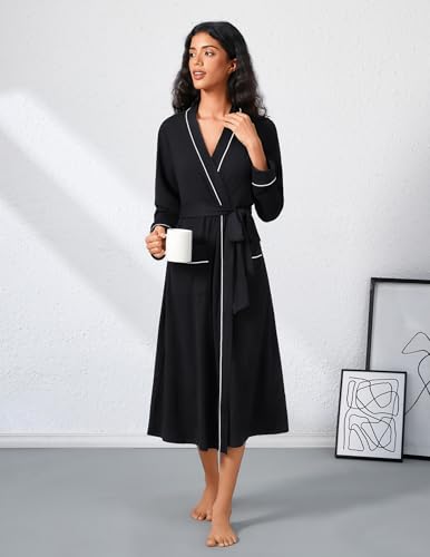 Image of Ekouaer Womens Robe Long Bathrobe Lightweight Soft Knit Kimono Robes Ladies Casual Sleepwear S-3XL