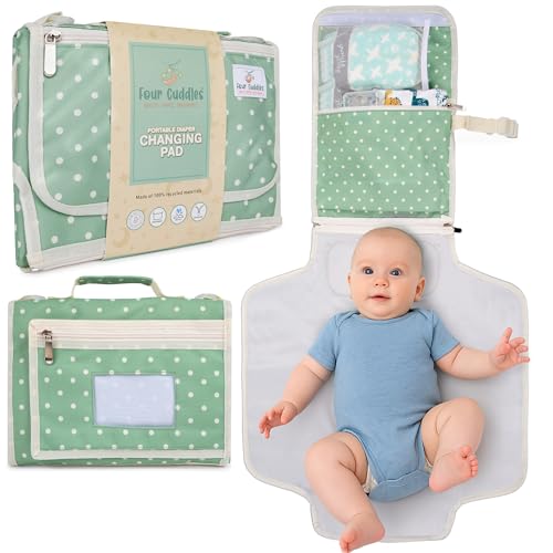 Portable Diaper Changing Pad – Newborn Essentials, Waterproof, Extra Wide & Long, Padded Foldable Wipeable Mat, Travel Bag, Baby Registry Gift, Wipes Pocket, Eco-Friendly (Green)