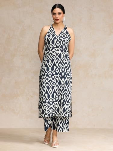 Image of Varanga Women Solid Straight Kurta Trouser Set | Pure Cotton Fabric | Sleeveless Round Neck | Elastic Waist| Casual & Summer Wear