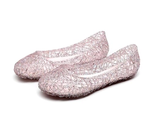 Jelly Mesh Ballet Flats for Women Sparkly Clear Jelly Sandals Hollow Water Slides Slip On House Slippers Wide Lightweight Breathable No Slip Dressy Ballerina Shoes Summer Beach Party Cruise Vacation