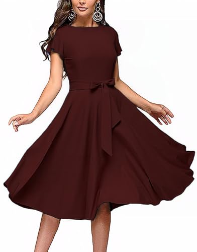 FENJAR Women's Cocktail Dresses Short Ruffle Sleeve Vintage Wedding Guest Work Semi Formal A Line Dresses Midi with Belt (US, Alpha, X-Large, Regular, Regular, Wine)
