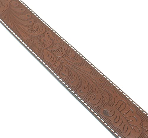 Bc Belts Leather Belt Strap With White Stitching And Embossed Western Scrollwork 1.5" Wide With Snaps (Brown/White-L) #TOP3