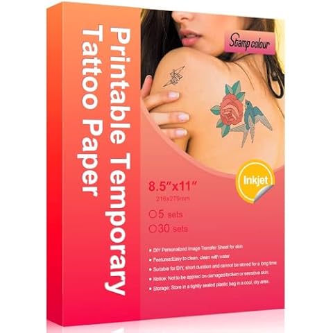 Stampcolour Printable Temporary Tattoo Paper for INKJET printer 8.5"X11" 30 Sheets DIY Tattoos Stickers,Personalized Image Transfer for skin Custom Waterslide Decal for women men Cover