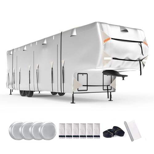 FRUNO Oxford Fabric 5th Wheel RV Cover Fits 33'-37' Waterproof Rip-Resistant Anti-UV Fifth Wheel Toy Hauler Camper Cover for Winter Snow with 4 Tire Covers and Gutter Covers