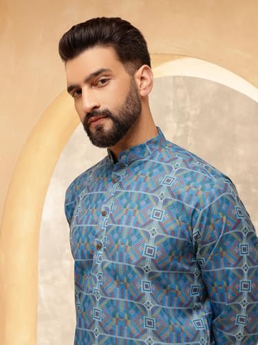 Image of SOJANYA Men's Multicolor Green Artistic Geometric Print Ethnic Wear Cotton Kurta