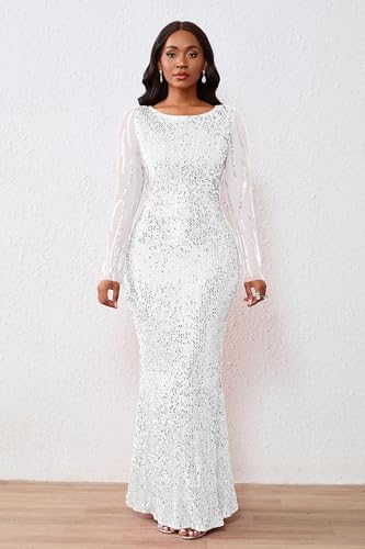 Image of VERWIN Women's Sequins Bodycon Round Neck Long Sleeve Sparkly Mermaid Maxi Dress for Casual Party Cocktail