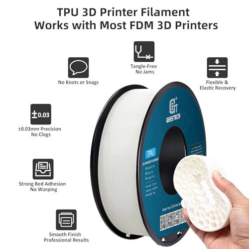 Image of Geeetech TPU Filament 1.75mm, Shore 95A - Flexible 3D Printer Filament with High Elasticity, 1KG (2.2lbs) Spool, Dimensional Accuracy ±0.03mm, Fits Most FDM Printers (White)
