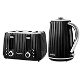 Emperial Flow Kettle and Toaster Set | 1.7L Cordless Electric Kettle | 4 Slice Toaster with Adjustable Browning | High Gloss Grooved Design (Black)