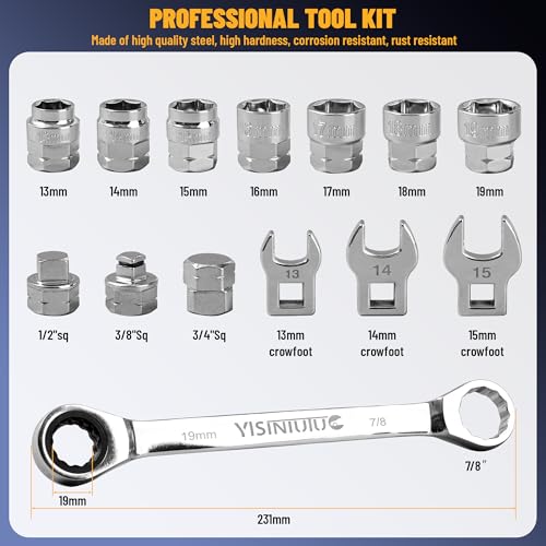 YISINIUTUO Ratcheting Serpentine Belt Tool Set 15PCS,Socket Adapters, 6-Point Sockets, and Crowfoot Wrenches,Serpentine Belt Removal Installation Tensioner Kit with Reversible Ratcheting Wrench - Thumbnail 5